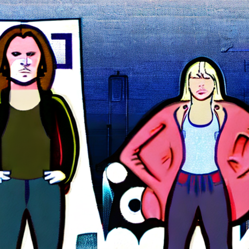 An image depicting the phrase 'If you can't beat them, join them': A handsome, slim, youthful, dark-haired man with a visionary and technological look, appearing kind and pacifistic, standing next to a rough, large, blonde, older man with a retrograde and warlike appearance. The setting should reflect a mix of futuristic and traditional elements, symbolizing their contrasting personalities.