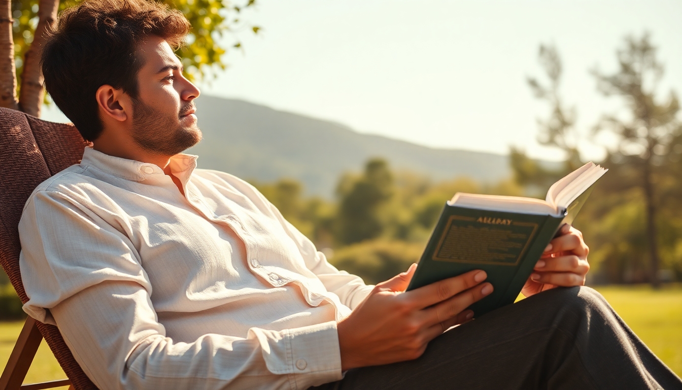 Pessoa relaxando ao ar livre enquanto lê um livro, simbolizando equilíbrio entre trabalho e vida pessoal