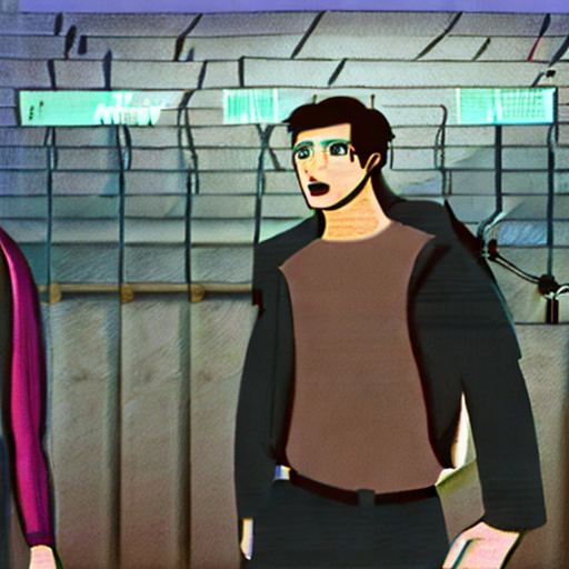 An image depicting the phrase 'If you can't beat them, join them': A handsome, slim, youthful, dark-haired man with a visionary and technological look, appearing kind and pacifistic, standing next to a rough, large, blonde, older man with a retrograde and warlike appearance. The setting should reflect a mix of futuristic and traditional elements, symbolizing their contrasting personalities.