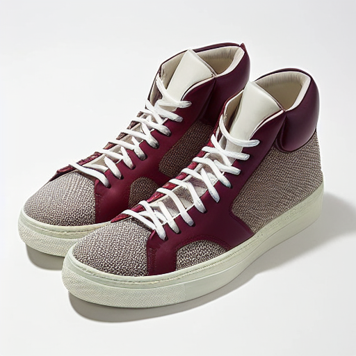 vintage unbranded high-top basketball sneaker with a white full-grain leather body, matching tumbled leather overlays on the toe box and heel collar, a geometric triangle pattern in burgundy on the mid-panel, exposed stitching in contrasting cream nylon thread across all panels, and a vintage off-white rubber sole with a concentric circle tread pattern.
