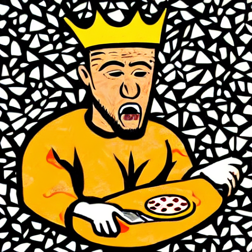 A king eating pizza in the style of a wood cut print