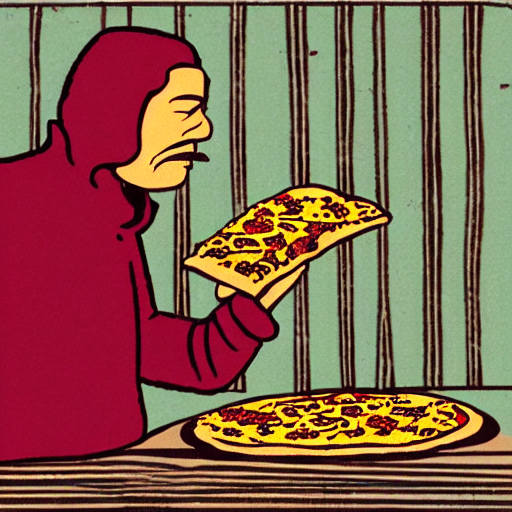 A king eating pizza in the style of a wood cut print