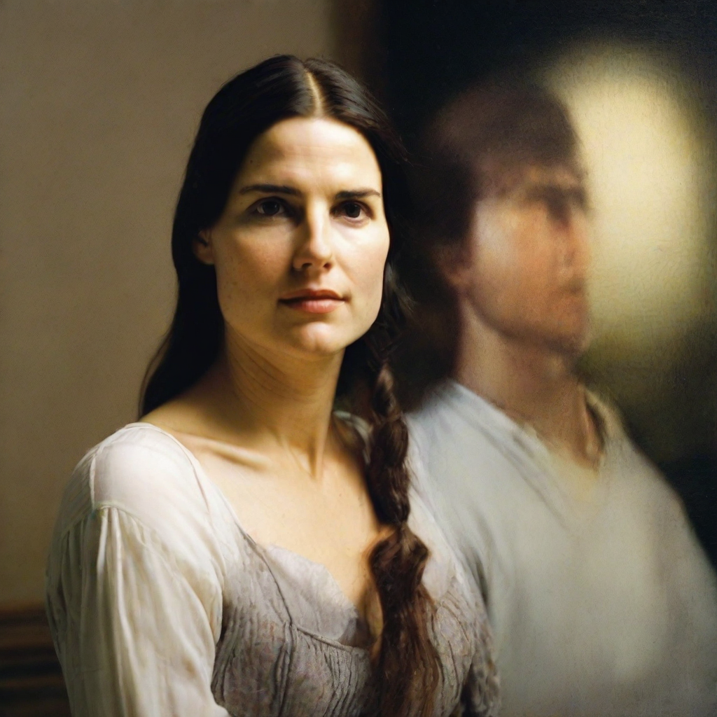 front shot, photo of Woman who looks like Mona lisa and Tom Cruise  looks at viewer, cinematic shot