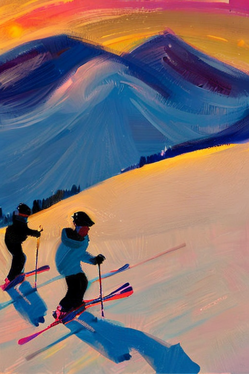 AI generated art representing "silhouettes of skiers, skiing at whistler, viewed from afar, at golden hour, beautifully lit sky. "