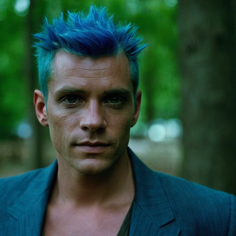 front shot, actor photo of a Blue hair man  looks at viewer, cinematic shot