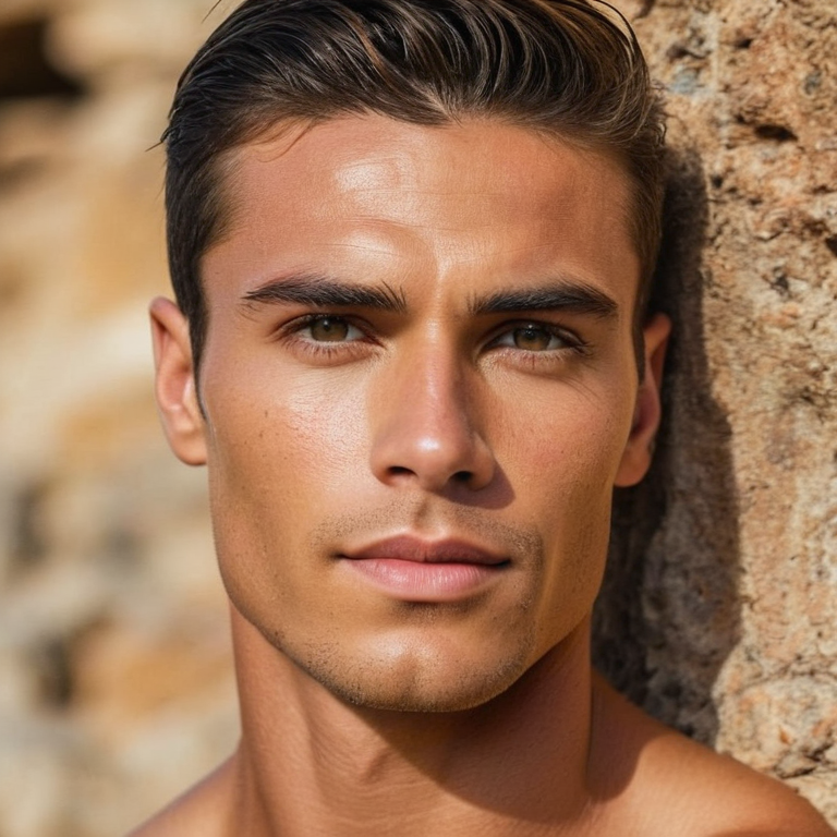 front shot, actor photo of a Chiseled jaw Mediterranean fit perfect tan perfect lips beautiful eyebrow  looks at viewer,