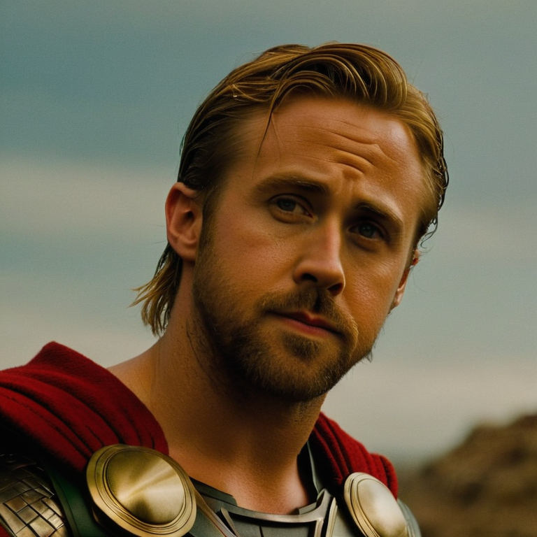 front shot, actor photo of a Really Ryan gosling as Thor  looks at viewer, cinematic shot