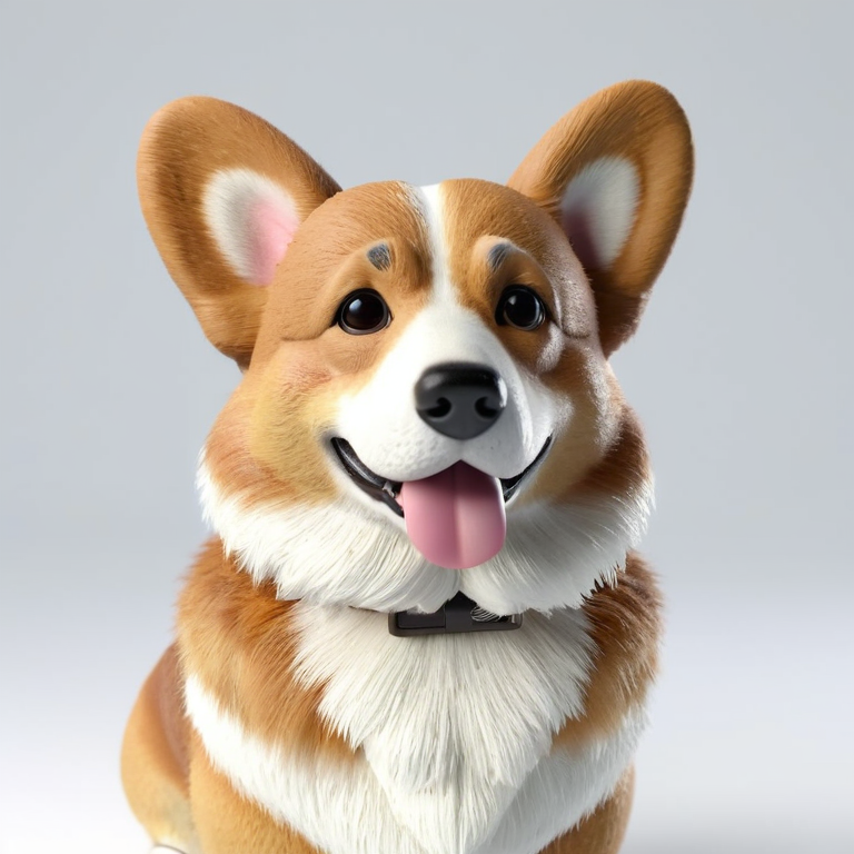 white background, front shot studio 3D render of corgi, cinematic shot