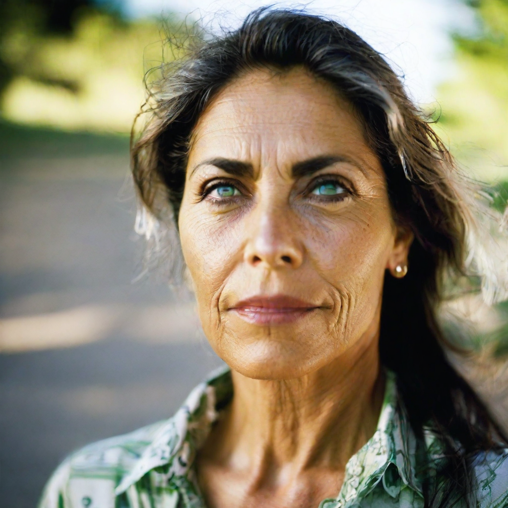 front shot, photo of a hispanic woman with green eyes, age 50, prominent platinum blonde hair  looks at viewer, cinemati