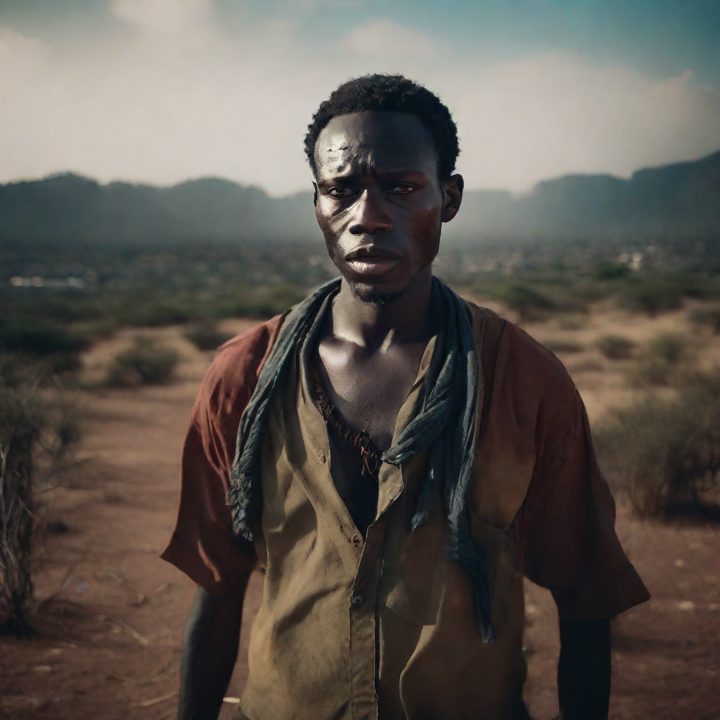 front shot, photo of Thin face African slanted  looks at viewer, cinematic shot