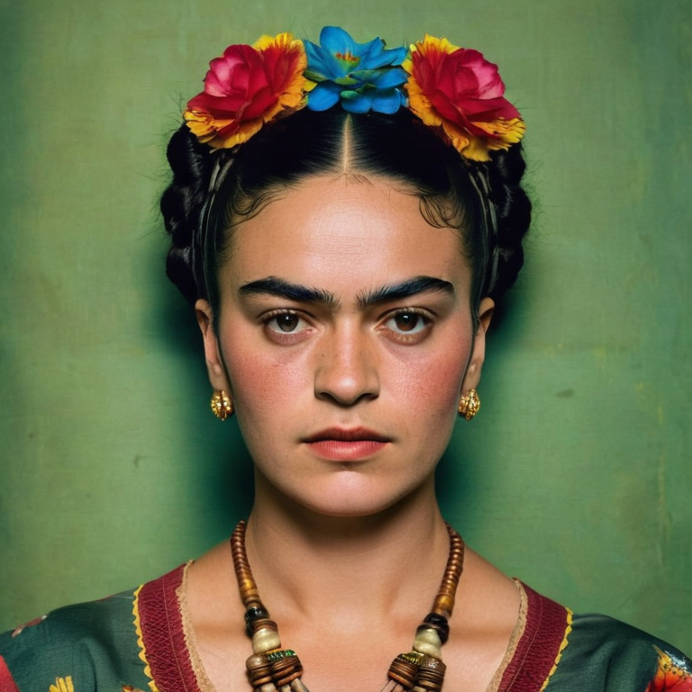 front shot, actor photo of a woman who looks like frida kahlo  looks at viewer, cinematic shot