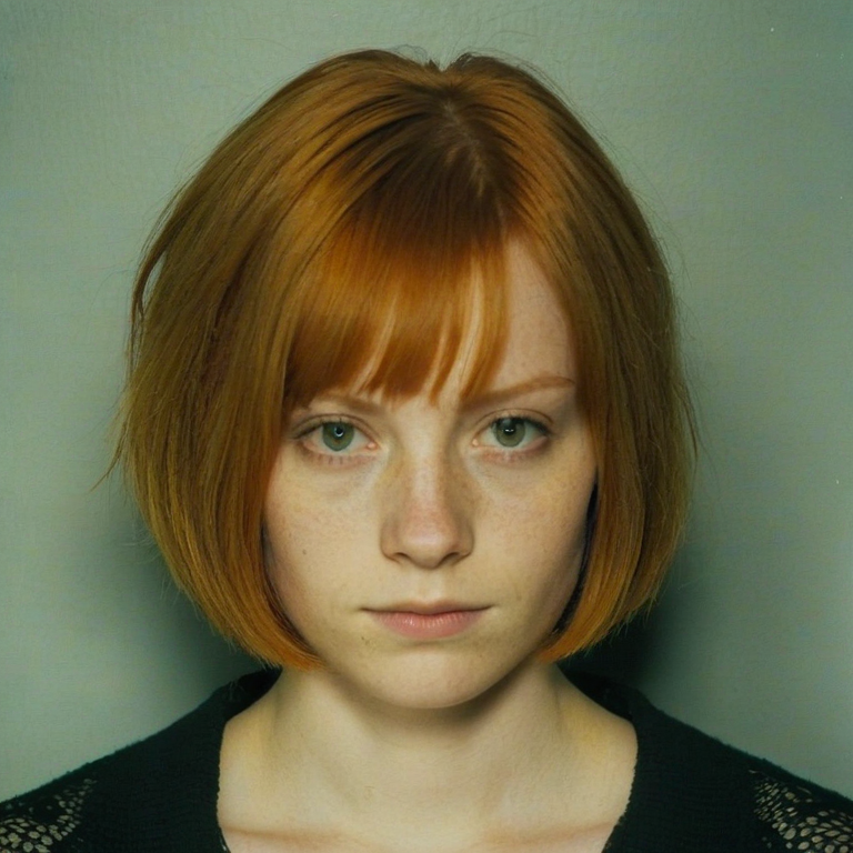 front shot, mugshot photo of a young woman ginger 20s, small eyes, bob cut  looks at viewer, cinematic shot