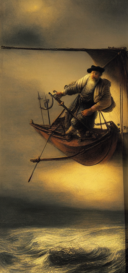 A man swinmibg in the ocean boat sun, by Rembrandt 