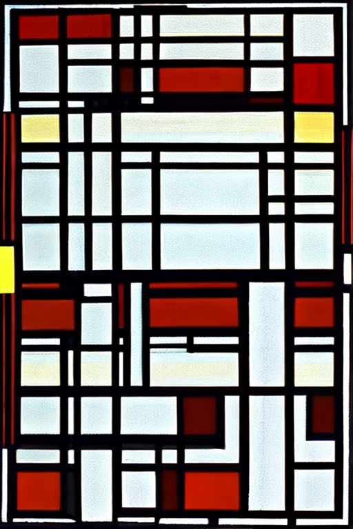 AI generated art representing "Abstract Piet Mondrian Tableau I: A precise arrangement of geometric shapes and angles, with a sharp contrast between the light and dark colours. Geometric forms of black and white sharply contrast with the vibrant and energetic background of red, yellow and blue."