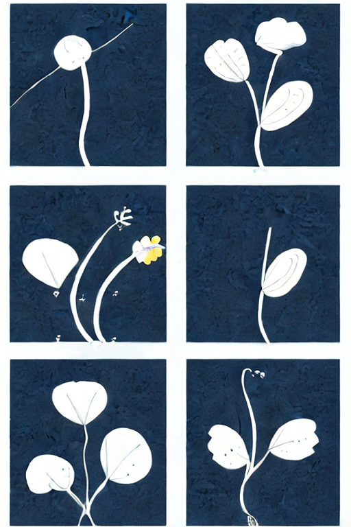 AI generated art representing "Design a minimalist botanical artwork that depicts delicate plant or flower elements, focusing on the essence of spring and summer. The illustration should consist of simple line drawings or silhouettes of leaves and flowers against a white or light-colored background. Use a limited color palette of soft yellows, blues, and greys to complement the living room's existing color scheme."