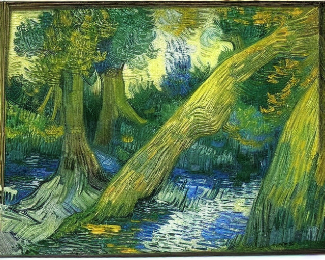 A magical forest beside a flowing river by Vincent van Gogh