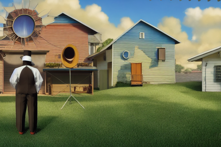 A person standing in front of a house on a sunny day  midjourneyv4 by Rene Magritte surrealist Pixar render