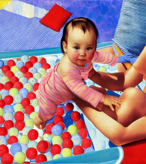 Baby girl in polka dot pool by Yayoi Kusama by Norman Rockwell by da Vinci