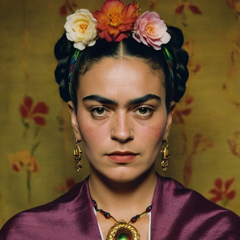 front shot, actor photo of a woman who looks like frida kahlo  looks at viewer, cinematic shot