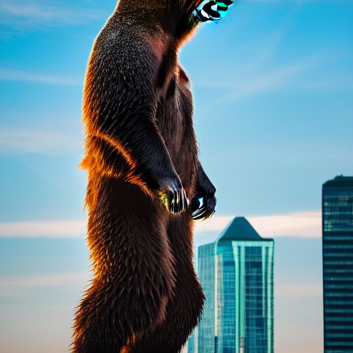 Long bearded Canadian is hunting a radioactive bear, top of a skyscraper