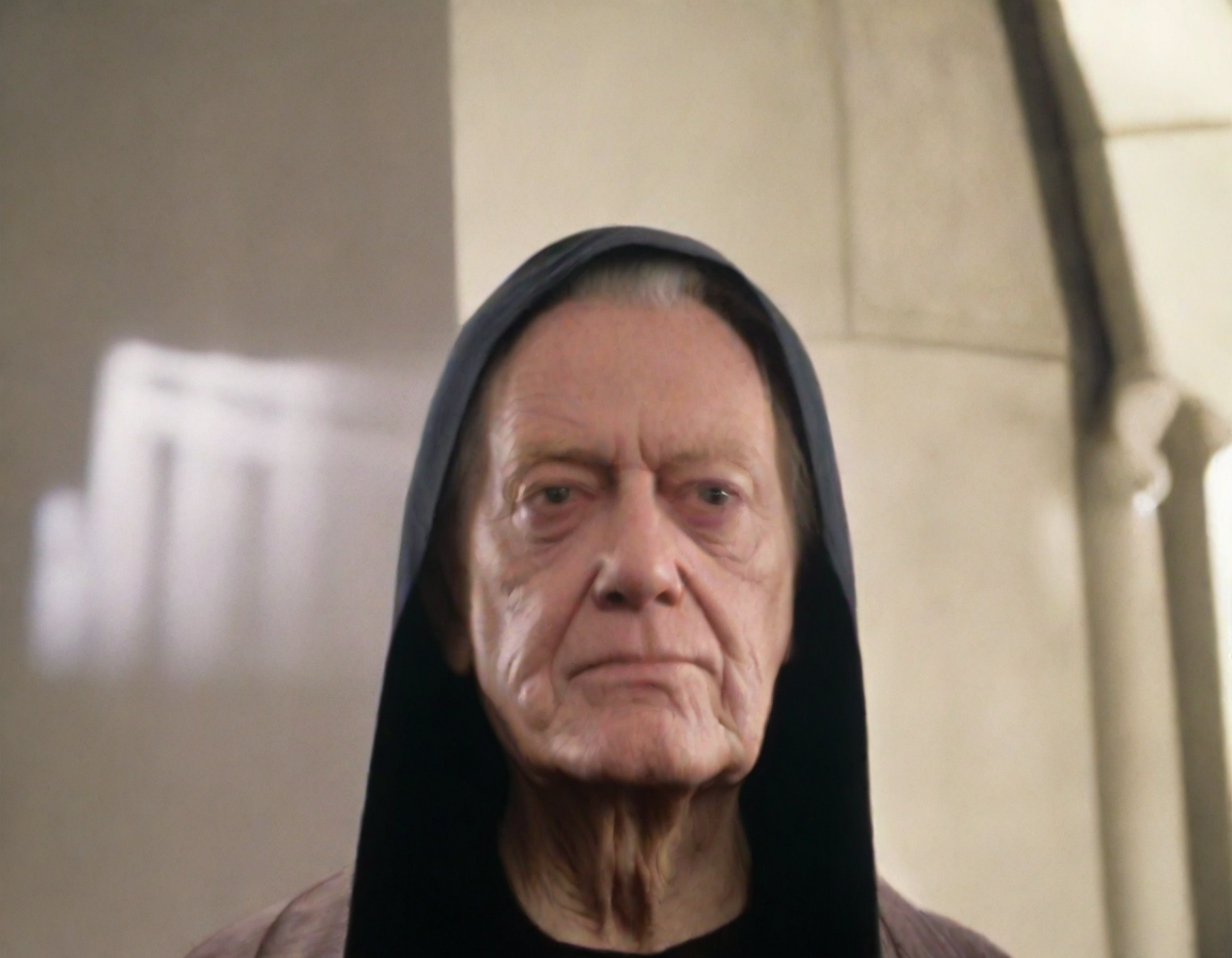 front shot, photo of palpatine looks at viewer, cinematic shot