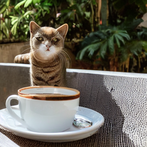 gato bebiendo café en una tumbona en la piscina