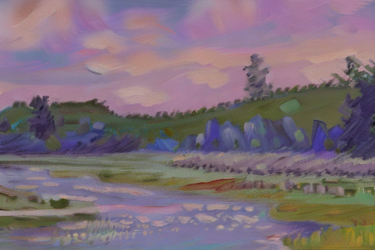 AI generated art representing "Inspired by the trend of muted color palettes, generate a calming landscape scene featuring soft pastel colors. Include elements such as rolling hills, gentle skies, and tranquil waters, reminiscent of the works of Claude Monet."