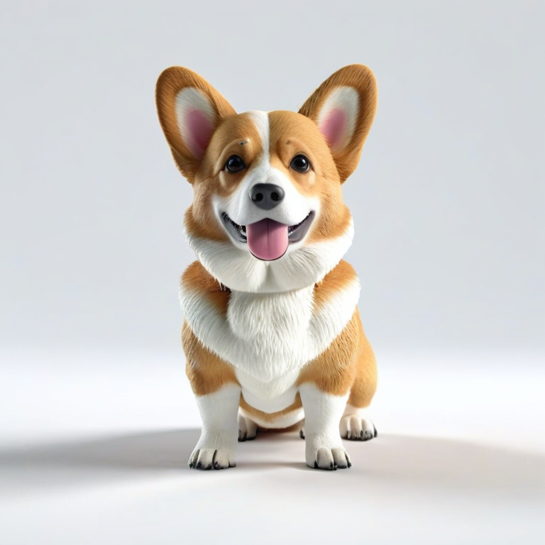 white background, front shot studio 3D render of corgi cute, cinematic shot