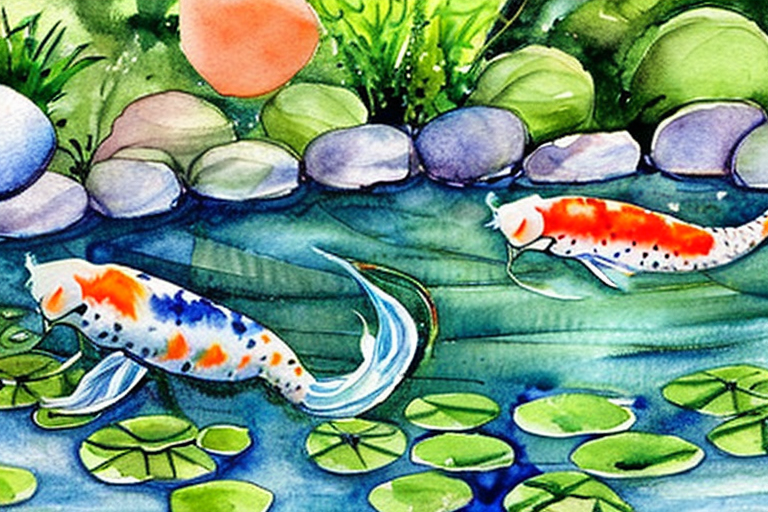 AI generated art representing "Produce a calming watercolor painting of a serene koi pond filled with gracefully swimming koi fish, surrounded by lush aquatic plants and smooth stones, using a color palette of greens, blues, and oranges."