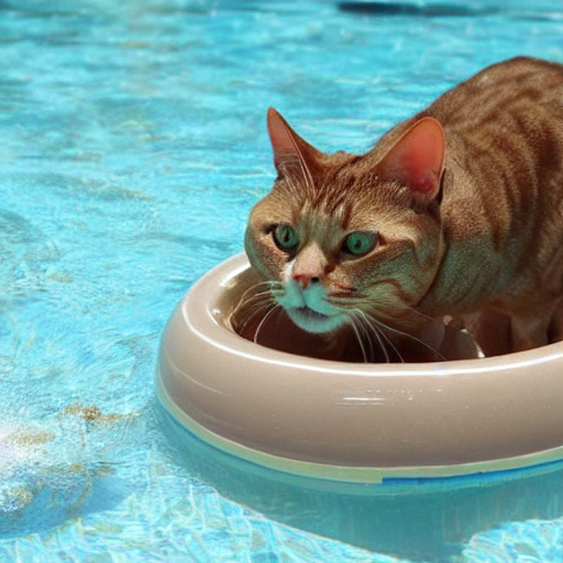 gato bebiendo café en una tumbona en la piscina
