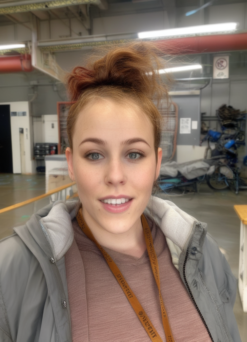 Female, 20 years old, thin bodyweight, long wavy auburn hair (tied back into a low ponytail), brown eyes., realistic, HD