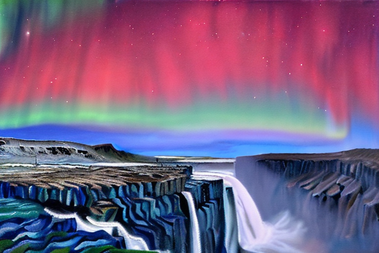 AI generated art representing "A vast, sweeping view of Iceland's majestic Dettifoss waterfall. Rich, bold brushstrokes combine with subtle washes of colour, creating a stunning and dramatic contrast between the northern lights and the deep blues of the night sky. Radiant, misty glimmers, frosted whites, and vibrant shades of green create a peaceful yet powerful atmosphere."