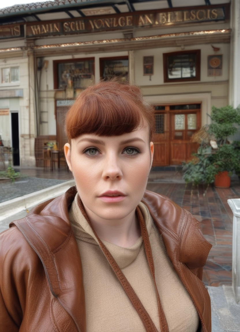 Female.  20 years old.  Thin bodyweight.  Short wavy auburn hair.  Brown eyes.  Oval-shaped face.  Long leather coat.  S