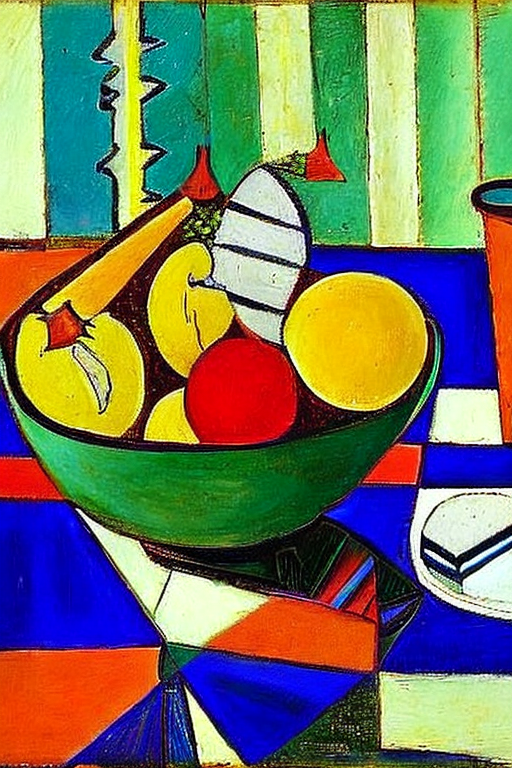 AI generated art representing "lemons, oranges, bananas, strawberries, in a bowl, on a dining table."