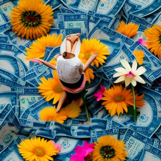A person standing on top of a lot of money next to a large flower