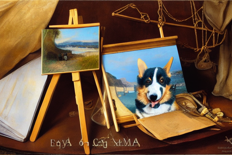 Corgi, easel, Golden Gate Bridge beach by Rembrandt
