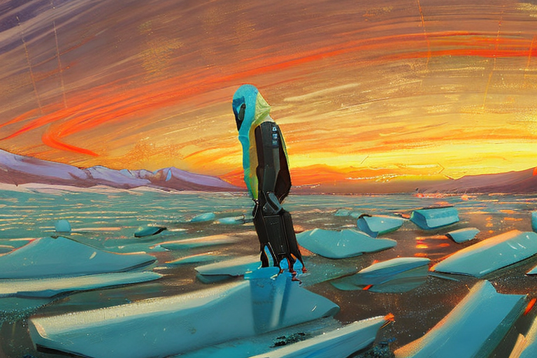 AI generated art representing "robots travel to Antarctica, at dawn, to investigate melting ice caps and flooding, doomsday, the year is 2084, deserted land, futuristic."