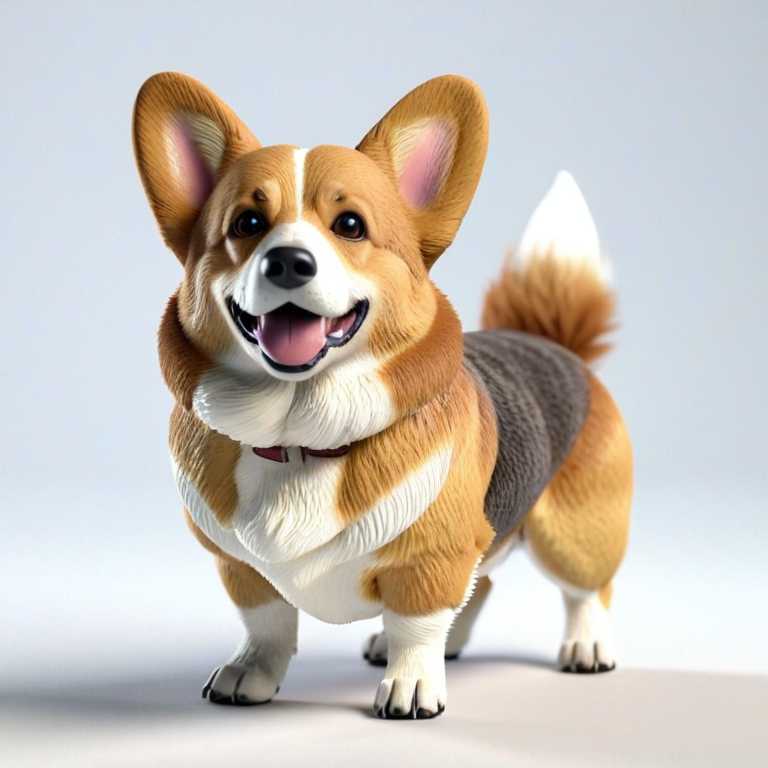 white background, front shot studio 3D render of corgi, cinematic shot