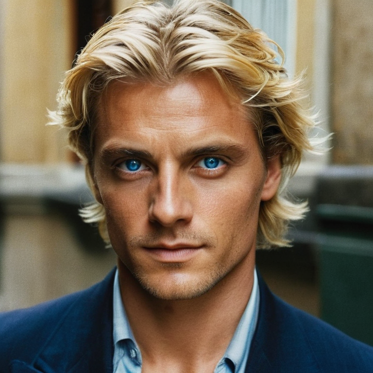 front shot, actor photo of a Blonde Italian blue eyes handsome actor  looks at viewer, cinematic shot