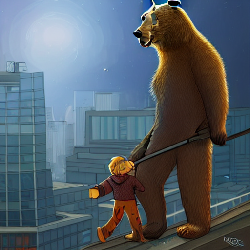 Long bearded Canadian is hunting a radioactive bear, top of a skyscraper