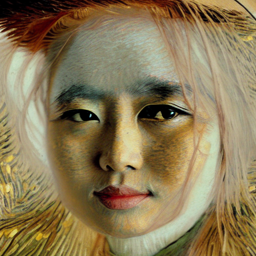 Asian woman, light freckles, pale tan skin, brown eyes, unkept eyebrows by van gogh, realistic, HD color photograph