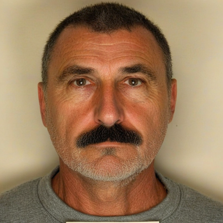 front shot, mugshot photo of a Caucasian 55 yo moustache  looks at viewer, cinematic shot
