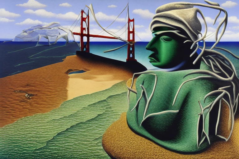Man with beanie sitting at beach next to Golden Gate Bridge  by Rene Magritte surrealist by Salvador Dali