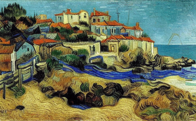 Houses on a cliff by the beach and sea by Vincent van Gogh by Rembrandt
