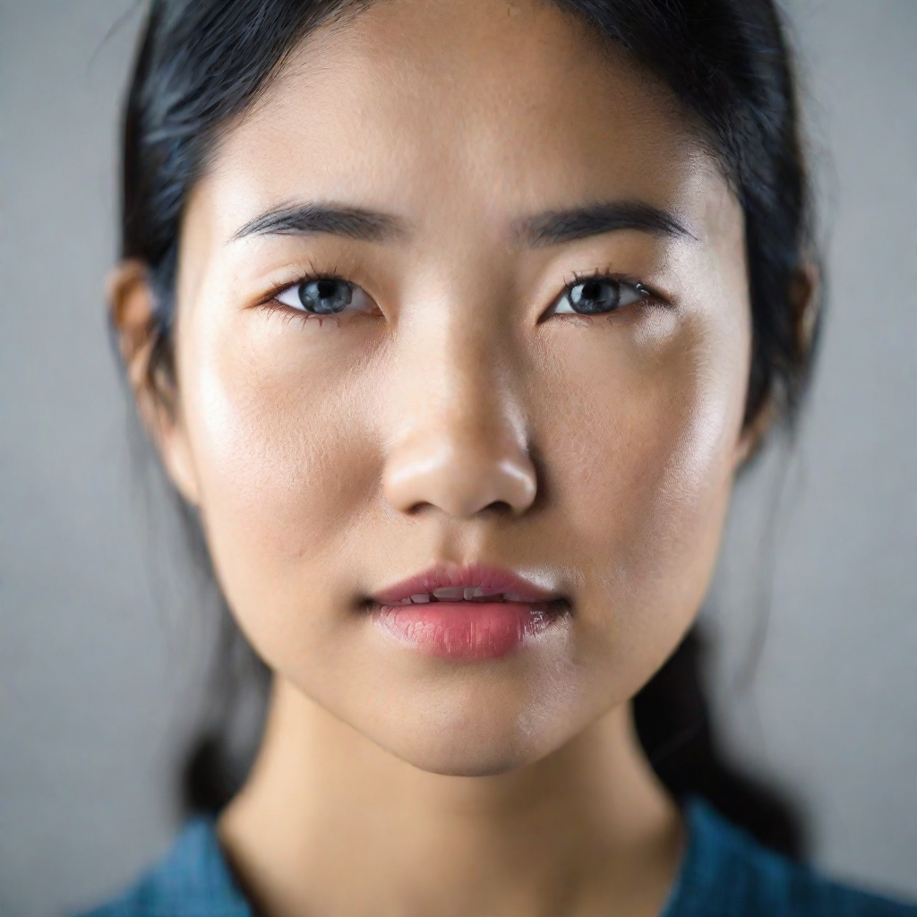 front shot, photo of asian woman blue eyes age 30  looks at viewer, cinematic shot