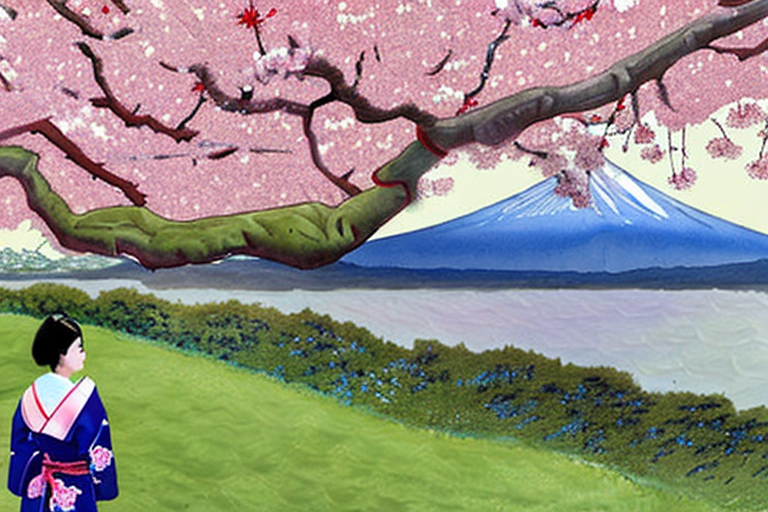 AI generated art representing "cherry blossom in Japan, spring, mount fuji, woman wearing a kimono"