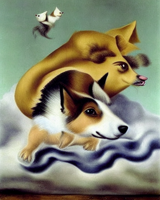 Corgi with tail by Frida Kahlo by Salvador Dali by Rene Magritte surrealist
