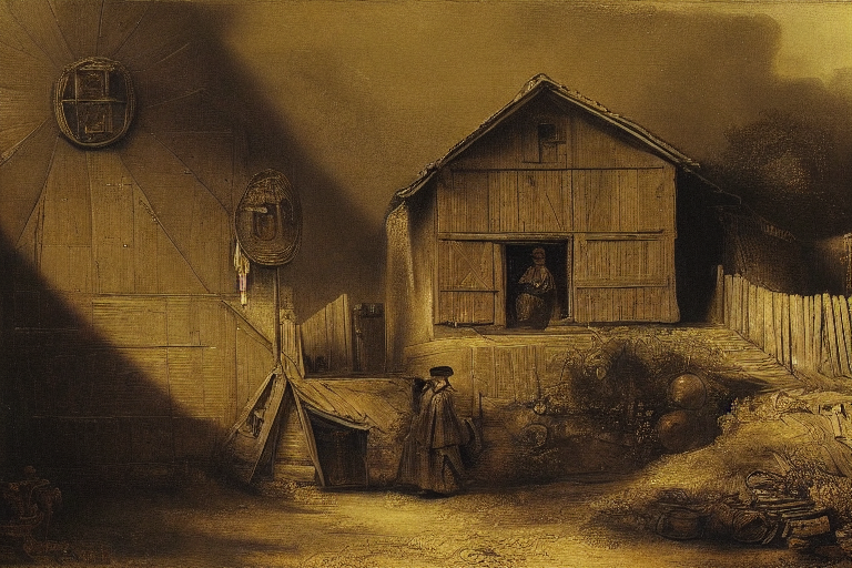 A person standing in front of a house on a sunny day by Rembrandt