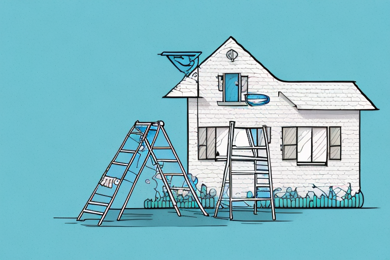 a house with a ladder and cleaning supplies around it, hand-drawn abstract illustration for a company blog, in style of corporate memphis, faded colors, white background, professional, minimalist, clean lines