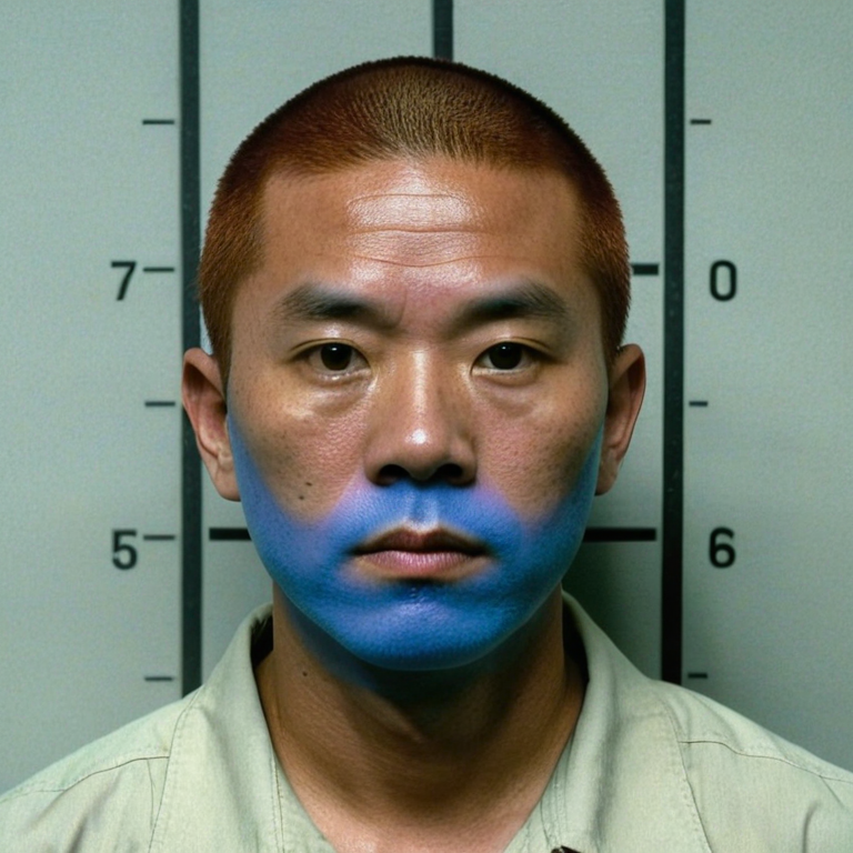 front shot, mugshot photo of a blue man red hair asian  looks at viewer, cinematic shot